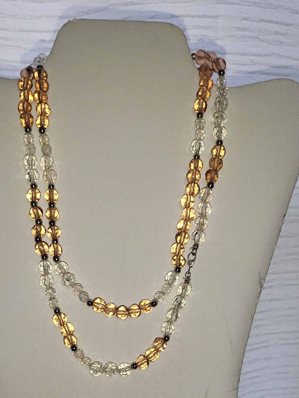 Elegant Double-Strand Amber and Clear Beaded Necklace - Women Jewelry